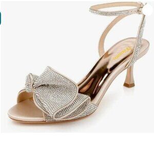 Milooey shoes Womens Glitter Rhinestone Bow Heeled Sandal Elegant Crystal Gold